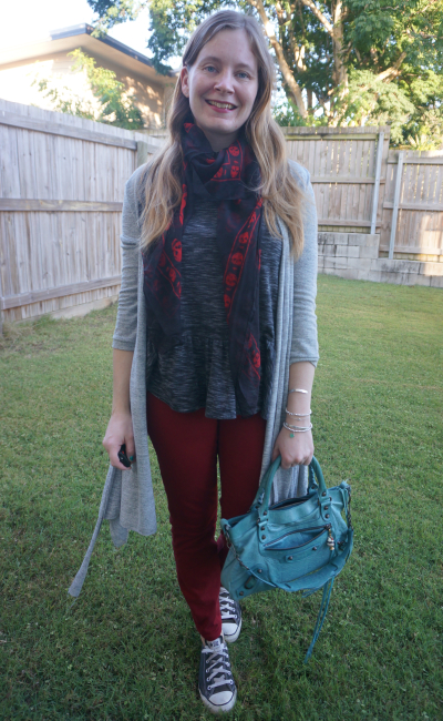 black, burgundy and grey cardigan and jeans outfit with skull scarf and Balenciaga first bag | awayfromblue