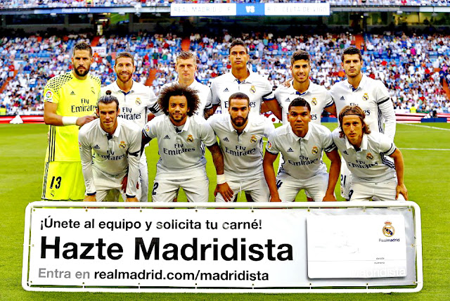 REAL MADRID C. F. Temporada 2016-17. Kiko Casilla, Sergio Ramos, Tony Kroos, Varane, Marco Asensio y Morata. Bale, Marcelo, Carvajal, Casemiro y Modric. REAL MADRID C. F. 2 REAL CLUB CELTA DE VIGO 1. 27/08/2016. Campeonato de Liga de 1ª División, jornada 2. Madrid, estadio Santiago Bernabeu. GOLES: 1-0: 60’, Álvaro Morata. 1-1: 67’, Fabián Orellana. 2-1: 81’, Toni Kroos.