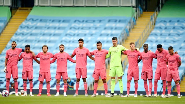 REAL MADRID C. F. Temporada 2019-20. Benzema, Rodrygo, Modric, Carvajal, Varane, Casemiro, Courtois, Kroos, Mendy, Militao y Hazard. MANCHESTER CITY F. C. 2 🆚 REAL MADRID C. F. 1  Resultado eliminatoria: MANCHESTER CITY FC 4 🆚 REAL MADRID CF 2 Viernes 07/08/2020, 21:00 horas. Liga de Campeones de la UEFA, octavos de final, partido de vuelta. Manchester, Inglaterra, Etihad Stadium: sin público. GOLES: ⚽1-0: 9’, Raheem Sterling. ⚽1-1: 28’, Karim Benzema. 2-1: 68’, Gabriel Jesús.