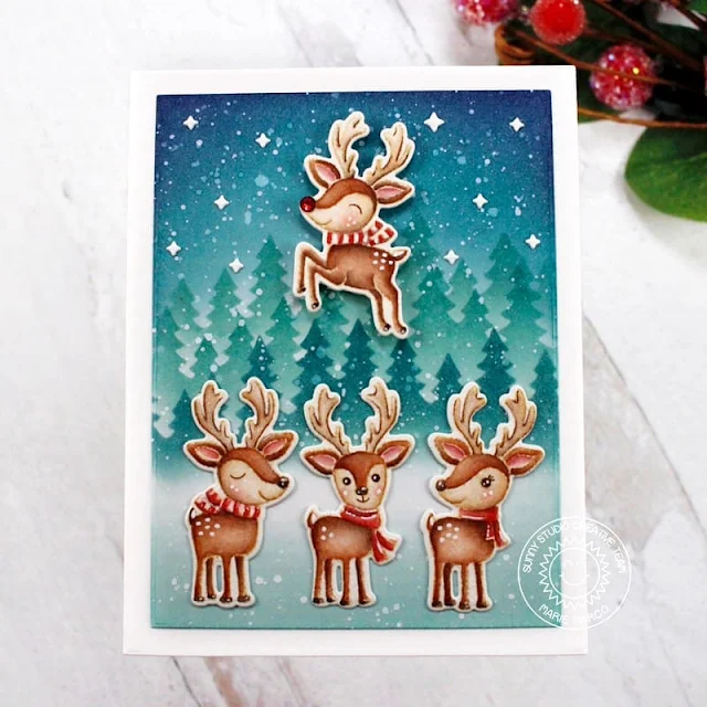 Sunny Studio Stamps: Reindeer Games Holiday Card by Marie Marco (featuring Forest Tree Stencils)