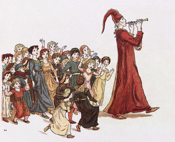 color drawing of a man in red robe and cap playing a recorder and walking away, with a mob of excited children following him