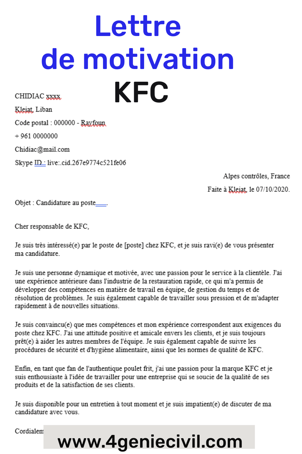 Modèle de lettre pour KFC