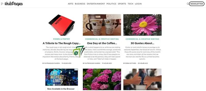 الواجهة الرئيسية لمنصة HubPages تُظهر مقالات متنوعة من كتّاب مستقلين مع إمكانية تحقيق الدخل عبر الإعلانات
