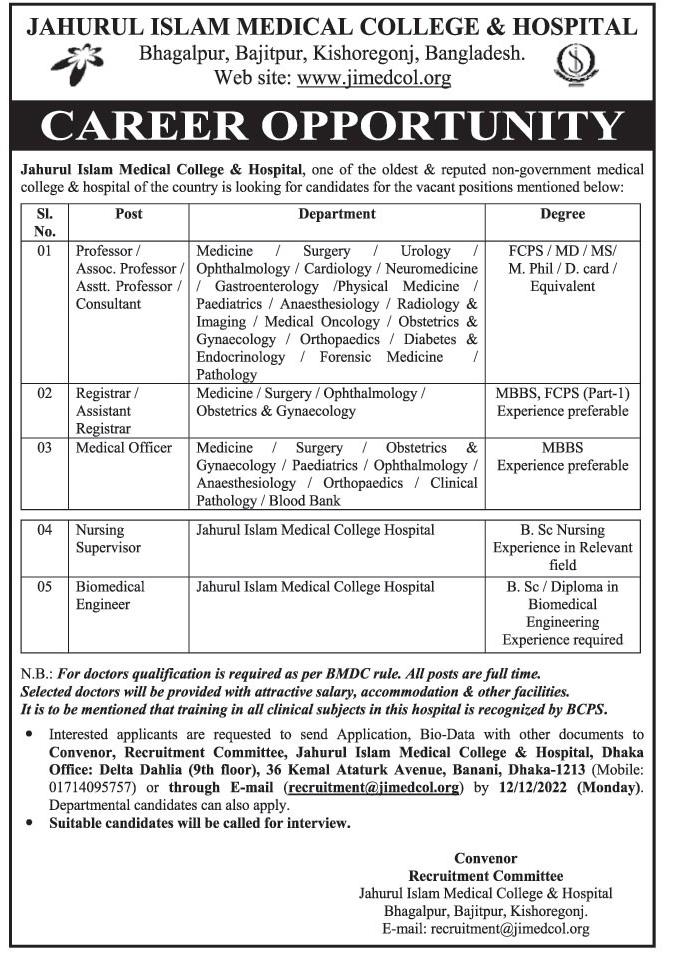 JAHURUL ISLAM MEDICAL COLLEGE & HOSPITAL CAREER OPPORTUNITY