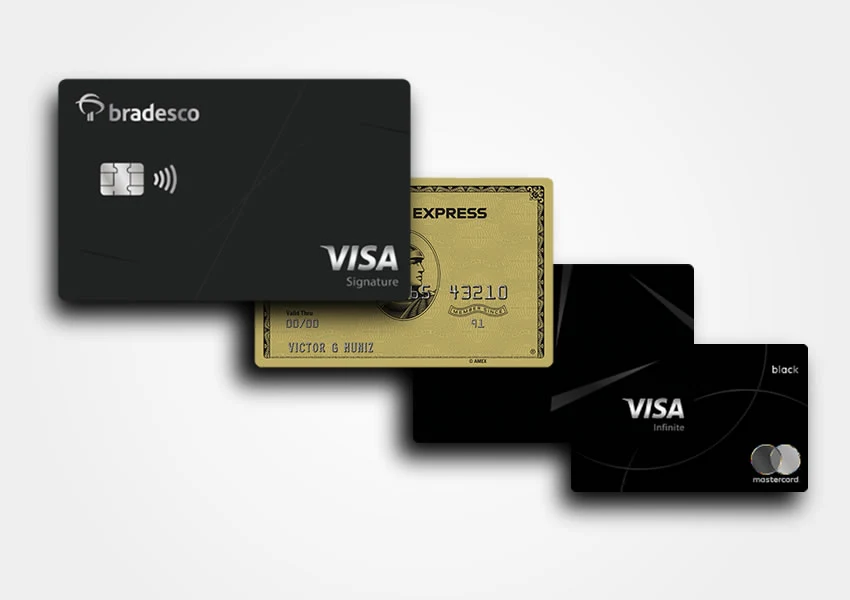 A imagem mostra os 4 cartões de crédito Visa Signature Amex Gold Card, Mastercard Black e Visa Infinite participantes da promoção de isenção de anuidade permanente.