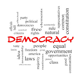 Word cloud with Democracy at centre and other related words crossword-style