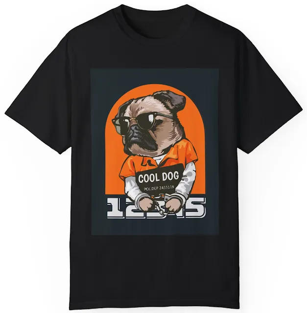 T-Shirt With Black Orange Illustrated Handcuffed Cool Boxer Dog Wearing Black Glasses and Prisoner Orange Jumpsuit