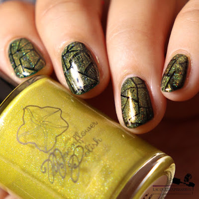 Nail stamping polish swatch of yellow holographic nail polish Corn Maze by Moonflower Polish