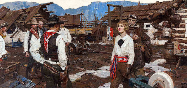 a Dean Cornwell illustration of a WW1 pilot confrontation with cowboys calmed by a woman