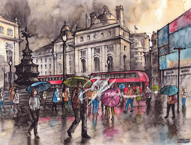 Watercolor showing Piccadilly Circus in London, United Kingdom