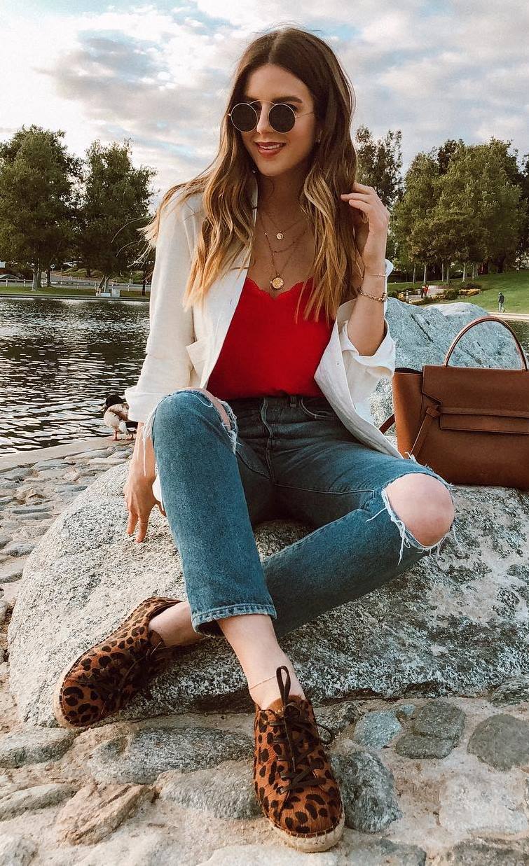 what to wear with a pair of leopard espadrilles : rips + red top + white blazer
