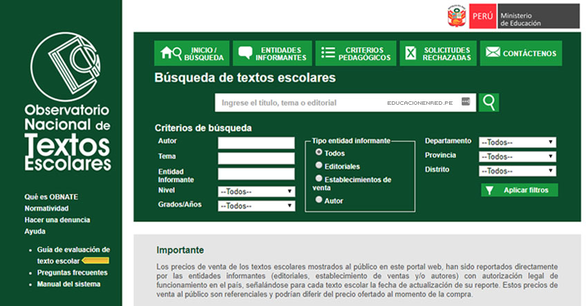 OBNATE: Consulta Precios de Libros Escolares 2018 en Internet en el Observatorio Nacional de Textos Escolares - www.obnate.minedu.gob.pe