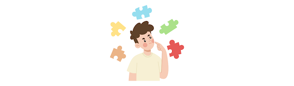 A boy with puzzle pieces circling his head.