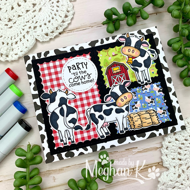 Meghan's cow partying card features Framework and Moo by Newton's Nook Designs; #inkypaws, #newtonsnook, #cowcards, #farmcards, #cardmaking, #cardchallenge