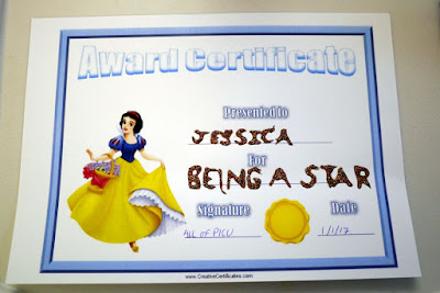 A certificate for Jessica for being a star on PICU