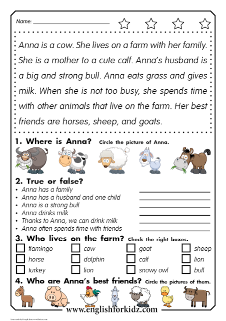 Reading comprehension worksheet for elementary school