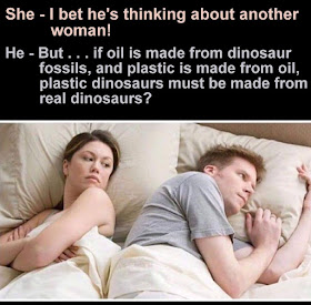 I Bet He's Thinking About Another Woman - If Oil Is Made From Dinosaur Fossils And Plastic Is Made From Oil Plastic Dinosaurs Must Be Made From Real Dinosaurs