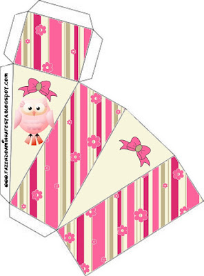 Pink Owl With Flowers and Stripes: Free Printable Boxes for Quinceanera Party.