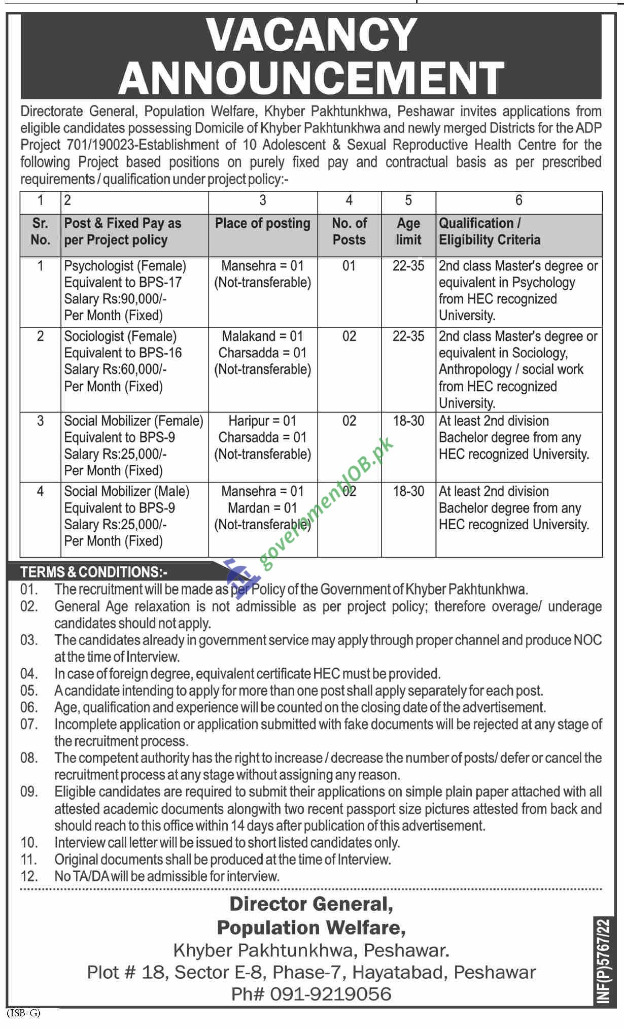 Population Welfare Department Khyber Pakhtunkhwa Jobs 2022