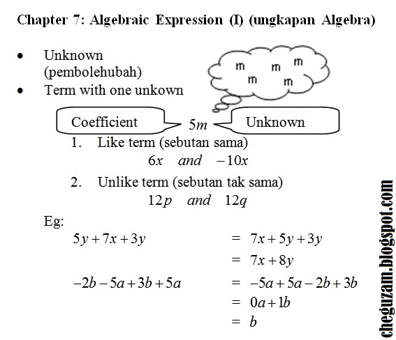 Nota Matematik Tingkatan 1  Bab 7 : Ungkapan Algebra (Algebraic Expressions)  ! Chegu Zam