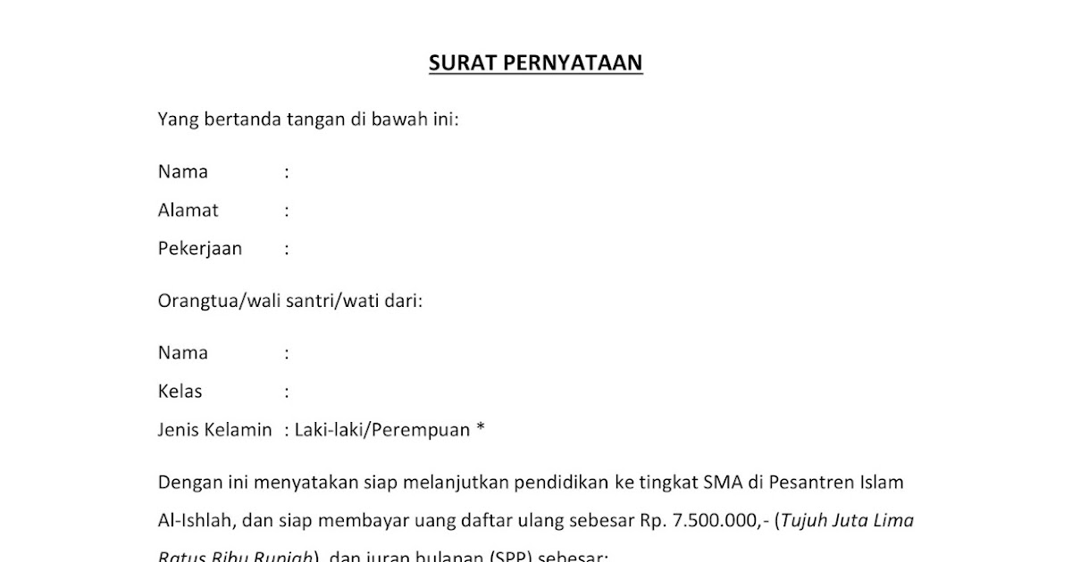 Contoh Surat Pernyataan Wali - Ciupa Biksemad