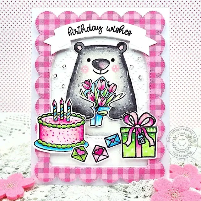 Sunny Studio Stamps: Holiday Hugs Birthday Card by Tina Henkens (featuring Make A Wish, Frilly Frame Dies, Quilted Hearts Dies, Stitched Arch Dies, Brilliant Banner Dies, Happy Thoughts)