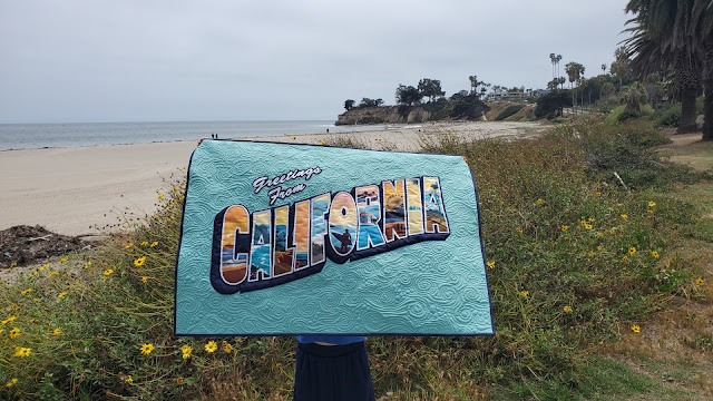 Greetings from California vintage postcard quilt made with Riley Blake Destinations California Beaches fabric panel