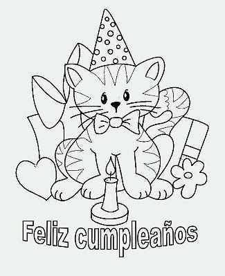 Dibujo de un Lindo Gatito Celebrando su Cumpleaños, para Colorear