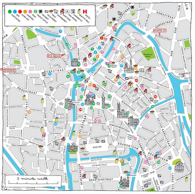 Mapa com os principais pontos turísticos de Ghent