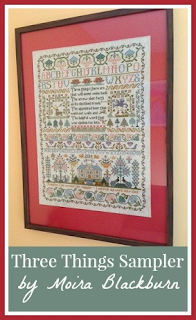 Moira Blackburn Three Things cross stitch sampler completed