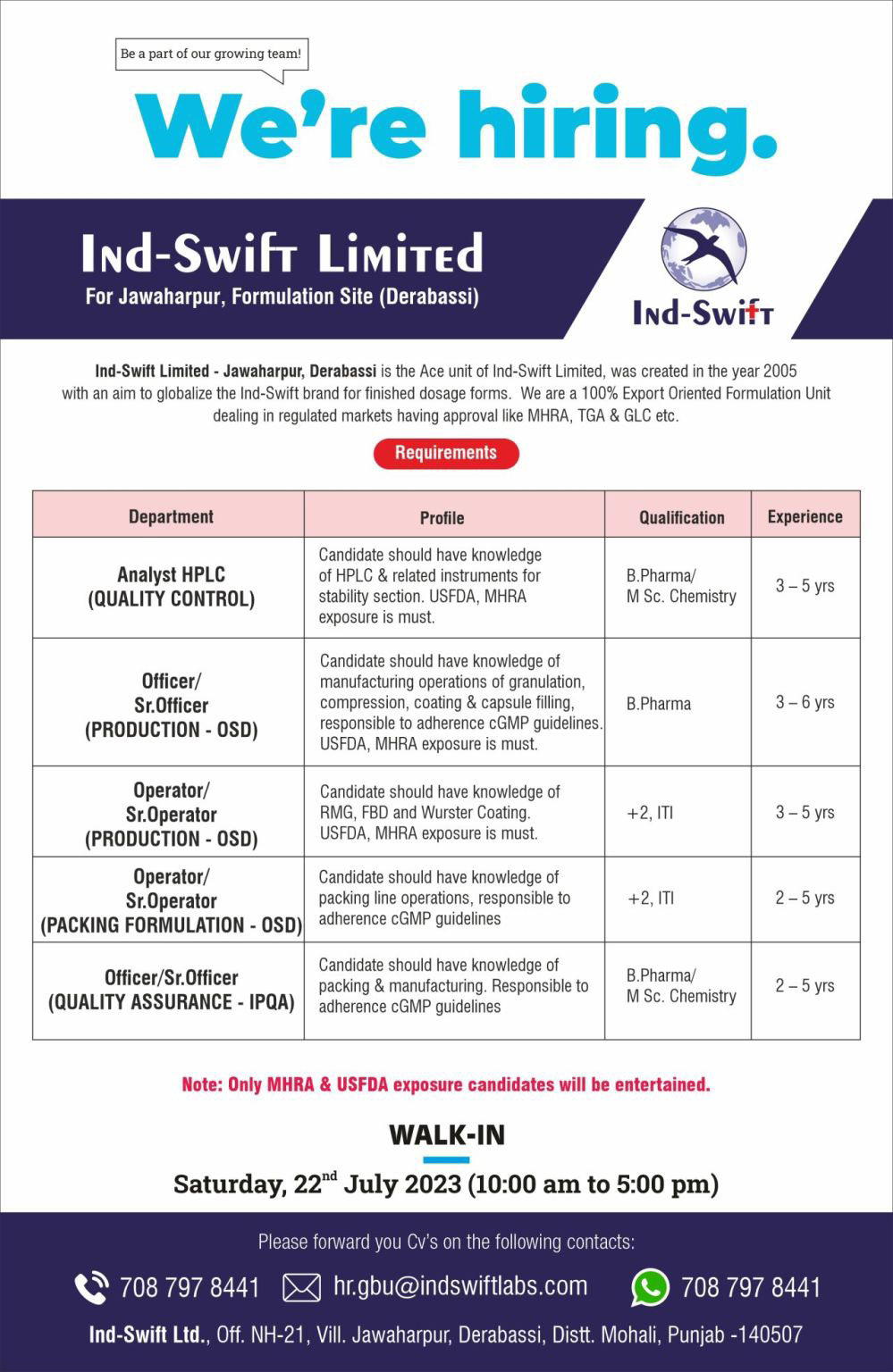 Job Available's Ind-Swift Ltd Walk In Interview for QC/ Production - OSD/ Packing Formulation - OSD/ QA - IPQA