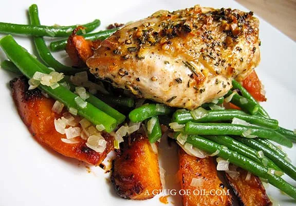 Chicken with roasted butternut squash.