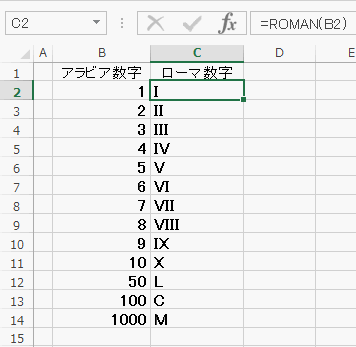 ROMAN関数の使用結果