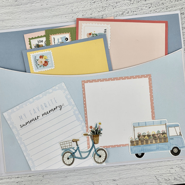 Summer Scrapbook Album Page with pocket, bicycle, & flowers