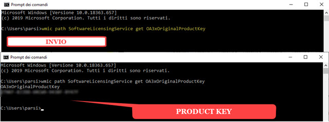 product key ottenuto dal prompt dei comandi di Windows