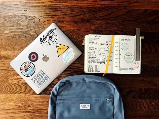 Image of blue bagpack beside book and silver Macbook