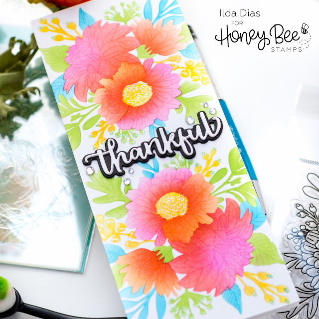 Thankful, Beautiful Blooms, Slimline Card, Honey Bee Stamps,Card Making, Stamping, Die Cutting, handmade card, ilovedoingallthingscrafty, Stamps, how to, floral card,Atelier Inks,Ink Blending,