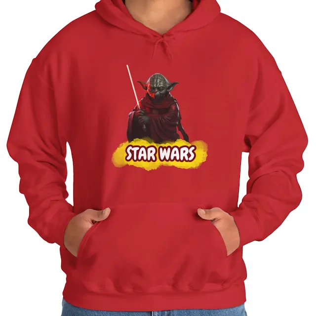 A Hoodie With Star Wars Yoda Holding Red Blade Wearing Red Costume and Text Star Wars