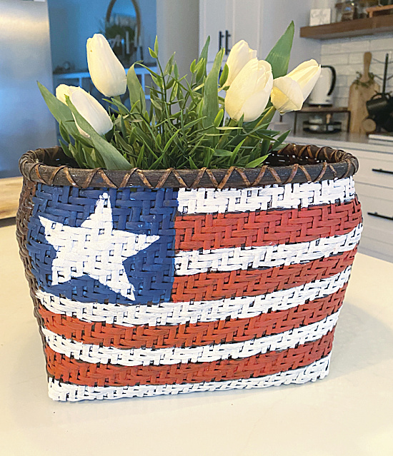 tulips in American flag basket