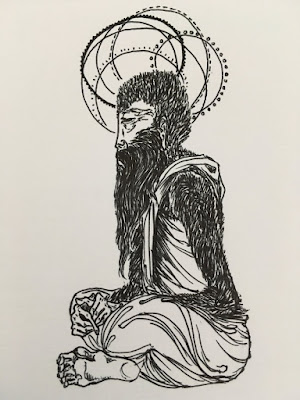 A black pen drawing of a monkey ascetic with a long dark beard and a collection of haloes around his head.