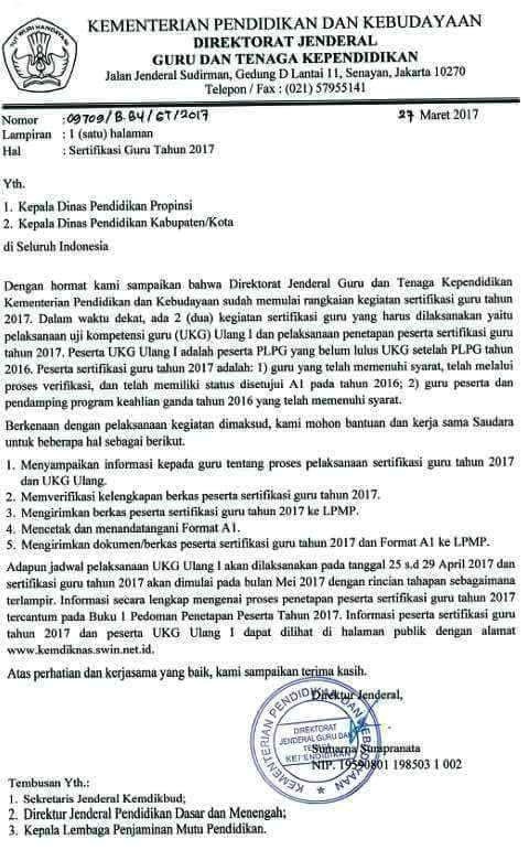 Surat Dirjen Gtk Nomor 09709/B-b4/Gt/2017 Tentang Jadwal Ukg Ulang Tahun 2017 Dan Sertifikasi Guru Tahun 2017