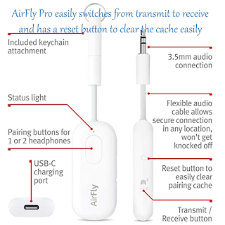 Twelve South AirFly Pro Bluetooth Wireless Audio Transmitter/ Receiver for up to 2 AirPods /Wireless Headphones