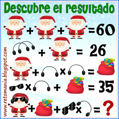 Acertijo, Acertijo navideño, Descubre el Resultado, Encuentra el resultado, Acertijos y Ecuación, Retos matemáticos, Desafíos matemáticos, Problemas matemáticos, Navidad, Matemática y Navidad