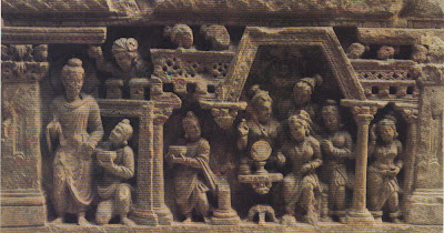 Ananda, on the eve of his wedding, is converted by Buddha, granted a vision of heaven and goddesses, and joyfully accepts the proffered begging bowl and the hope of attaining Nirvana. Relief from Afghanistan, second century A.D. British Museum, London. 