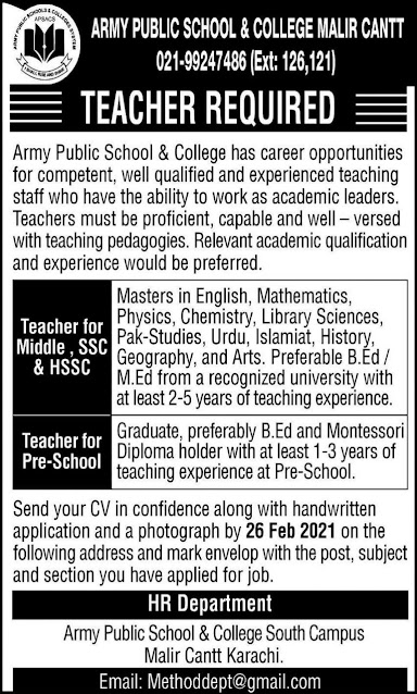 Pre-primery | SSC teacher jobs in Army Public school & collage 2021-newspaperjobpk123  Army public School & college has ccareer opportunity for their vacant post,well qualified and experience staff required in Army public school teacher must be proficient with teaching pedagogical. Latest by newspaperjobpk123 jobs.  Jobs details:  Posted date.      :   10 feb 2021 Last date.           :   26 Feb 2021 Department.      : Army public school/ education Job title.              :   Teacher Location.             :  Karachi Statues                :   govt  Post vacant details:  Secondary and hssc teacher Montessori teacher  Qualifications requirements for their post  Masters in English, math, phisic,chemistry, liberty science, pak study islamyt and have 2 to 5 years experience Graduate with Montessori diploma  For download Army public school & collage jobs advertised click below:
