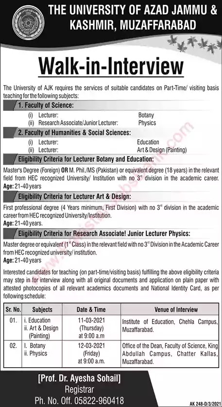 Latest Jobs in Pakistan University of AJK Muzaffarabad Jobs 2021 | Walk in Interview