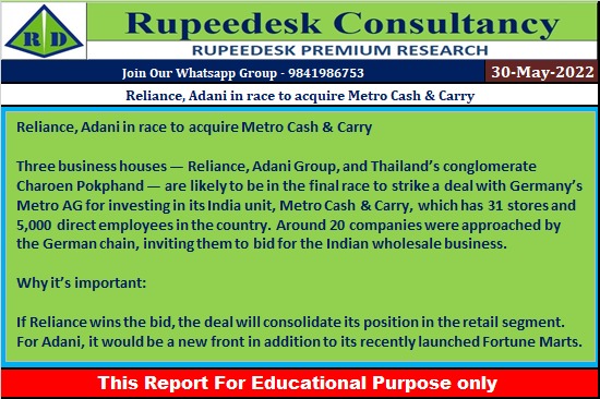 Reliance, Adani in race to acquire Metro Cash & Carry - Rupeedesk Reports - 30.05.2022