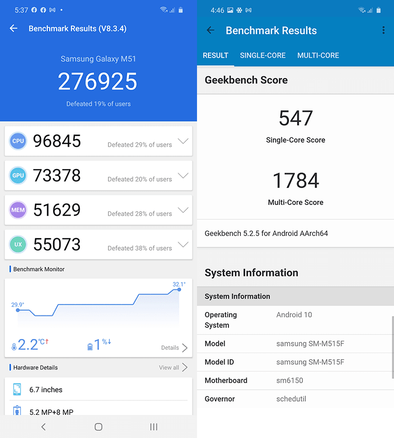 AnTuTu and GeekBench scores