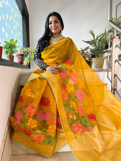 Golden Kora silk jamdani saree