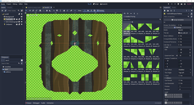 A screenshot of the Godot scene editor open to a level with some non-axially-aligned tile shapes.